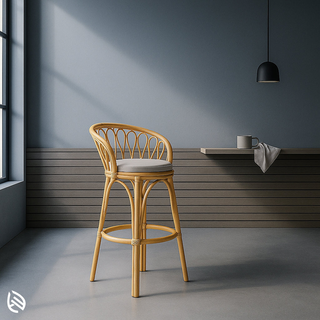 Curved-back cane bar stool with looped rattan detailing and padded seat, perfect for indoor cafes and island counters