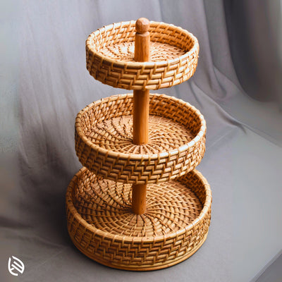 Handwoven natural rattan stand for fruit and snack storage