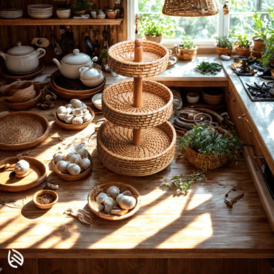 Rattan fruit stand in a cozy Indian kitchen setting