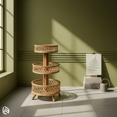 Three-tier round rattan planter stand with open weave, perfect for indoor vertical plant styling and decor