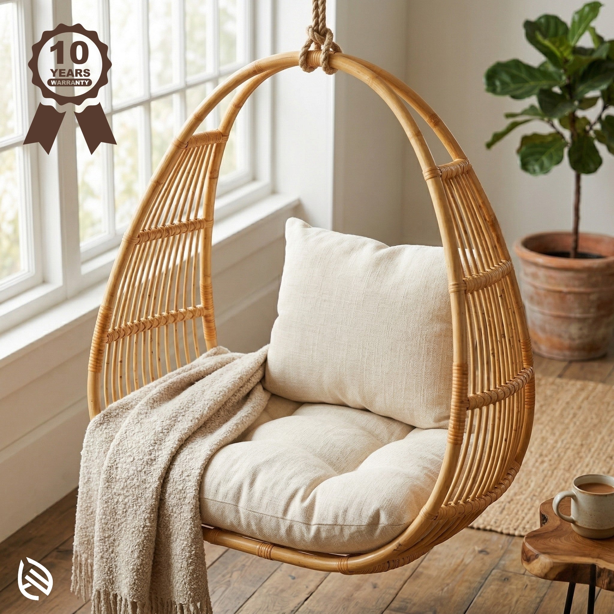 Hanging rattan chair with cushions and a blanket in a bright room with a plant and coffee cup.