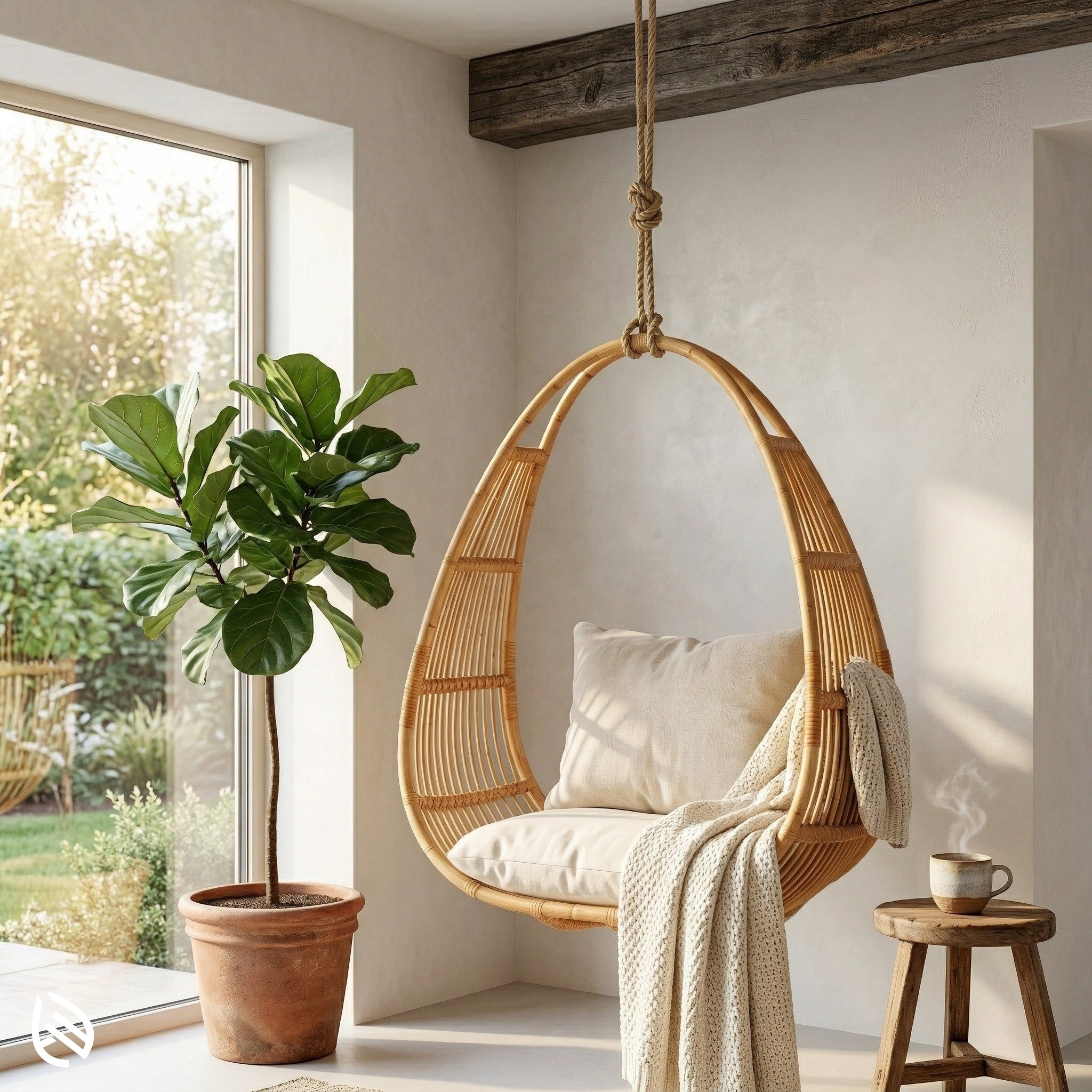 Hanging rattan chair with cushion and blanket in a bright room with a plant and small table.