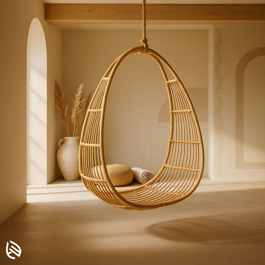 Teardrop-shaped natural rattan hanging swing with open weave design, ideal for indoor or balcony lounging