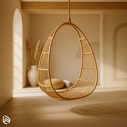 Teardrop-shaped natural rattan hanging swing with open weave design, ideal for indoor or balcony lounging