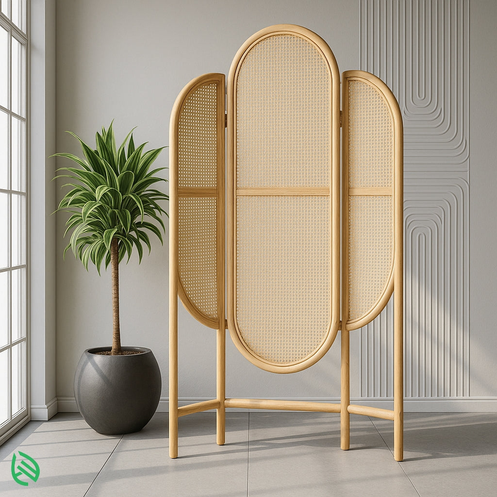 Oval-panel natural rattan room divider with curved design, ideal for modern and airy interiors