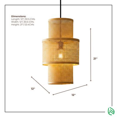 Dimensions graphic - Artisan Aura bamboo pendant 12 × 12 × 21 inches with measurement arrows.