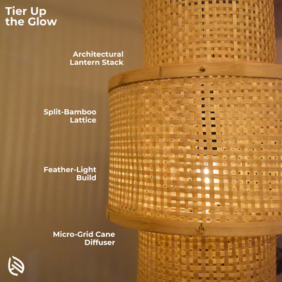 Feature graphic - architectural lantern stack, split-bamboo lattice, feather-light build, micro-grid diffuser.