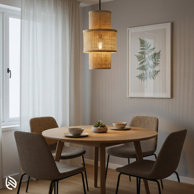 Artisan Aura bamboo pendant over round dining table; stacked cane lantern shade in soft daylight.