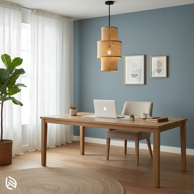 Home office with Artisan Aura bamboo lantern pendant above desk; warm ambient light, minimal décor.