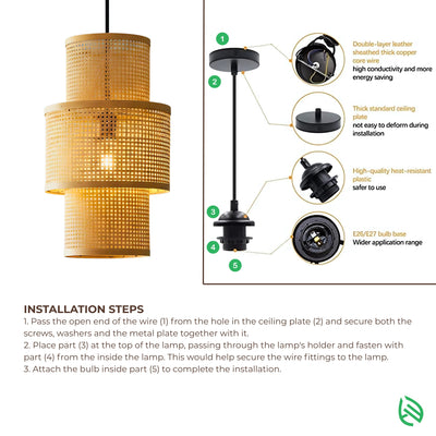 Installation infographic - ceiling canopy, cord, E27/E26 bulb holder assembly steps for Artisan Aura.