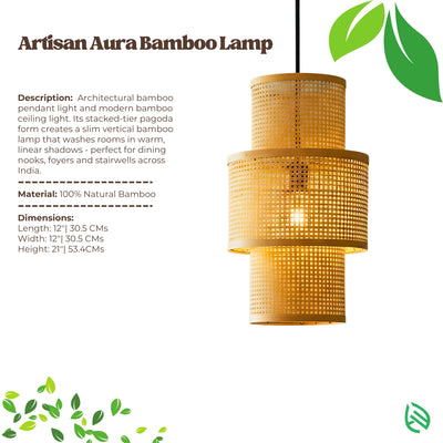 Product card - Artisan Aura Bamboo Lamp with description text, natural bamboo material and dimensions.