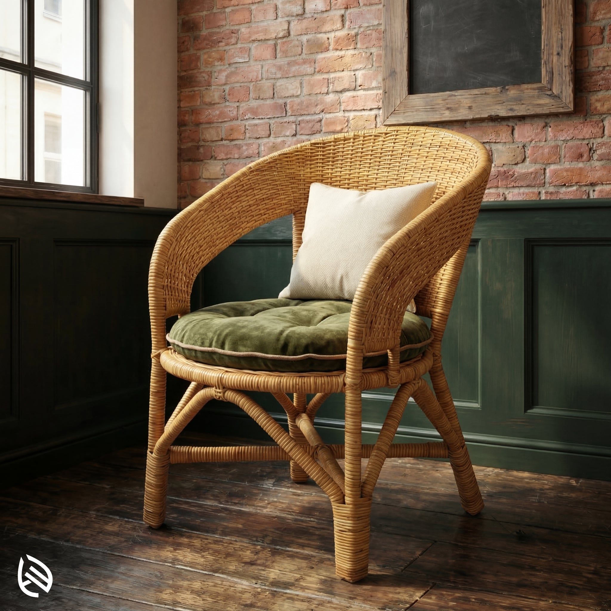Wicker chair with cushions against a brick wall