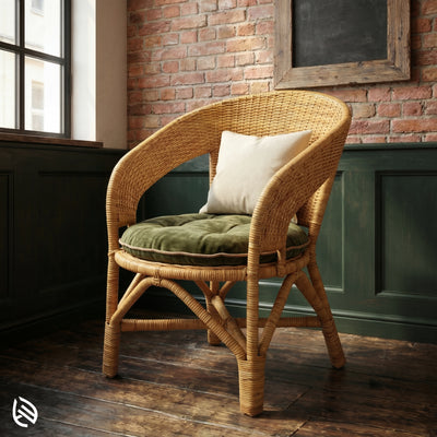 Wicker chair with cushions against a brick wall