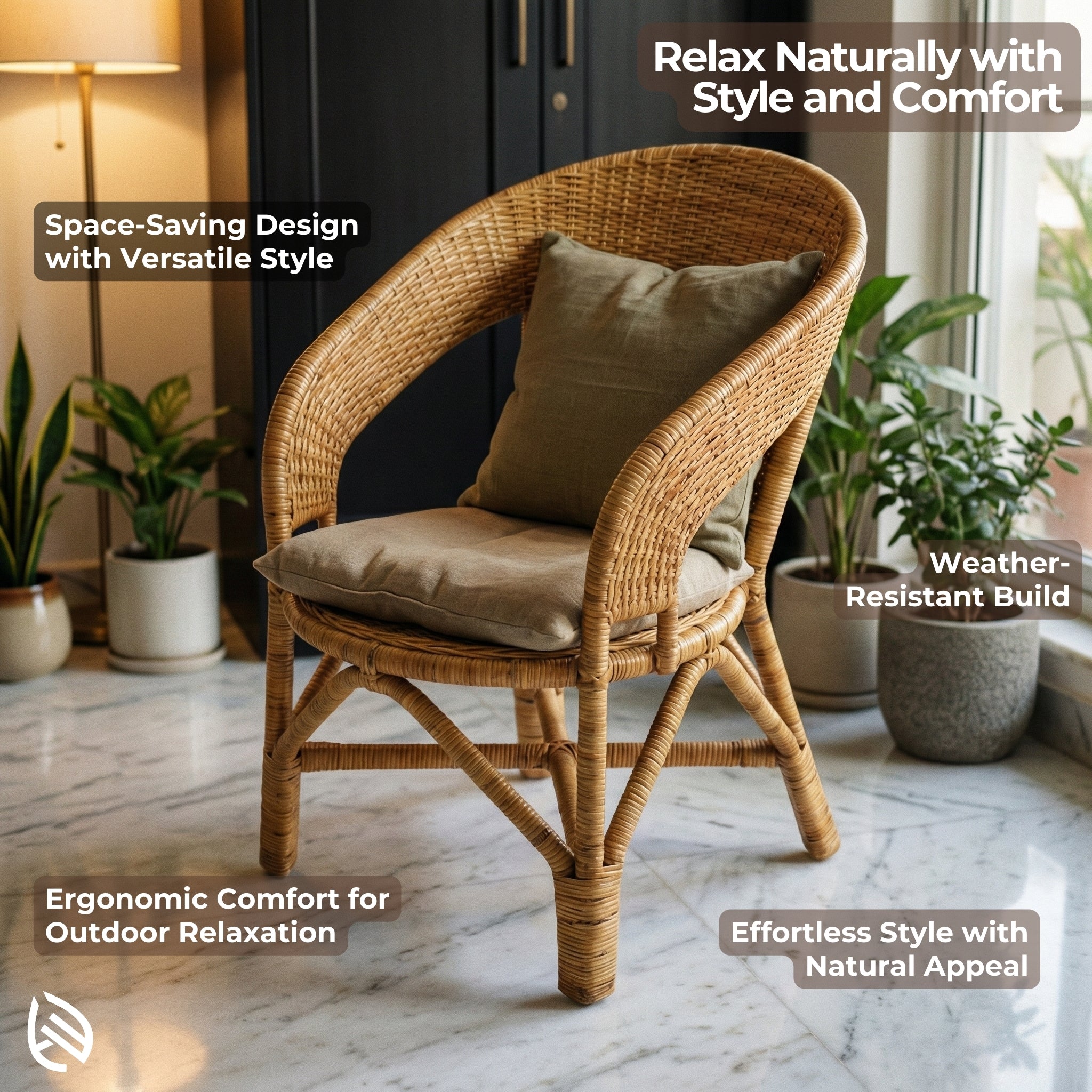 Wicker chair with cushions in a stylish indoor setting with plants and decor.