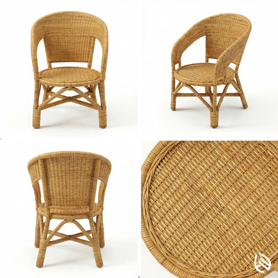 Wicker chair shown from multiple angles on a white background
