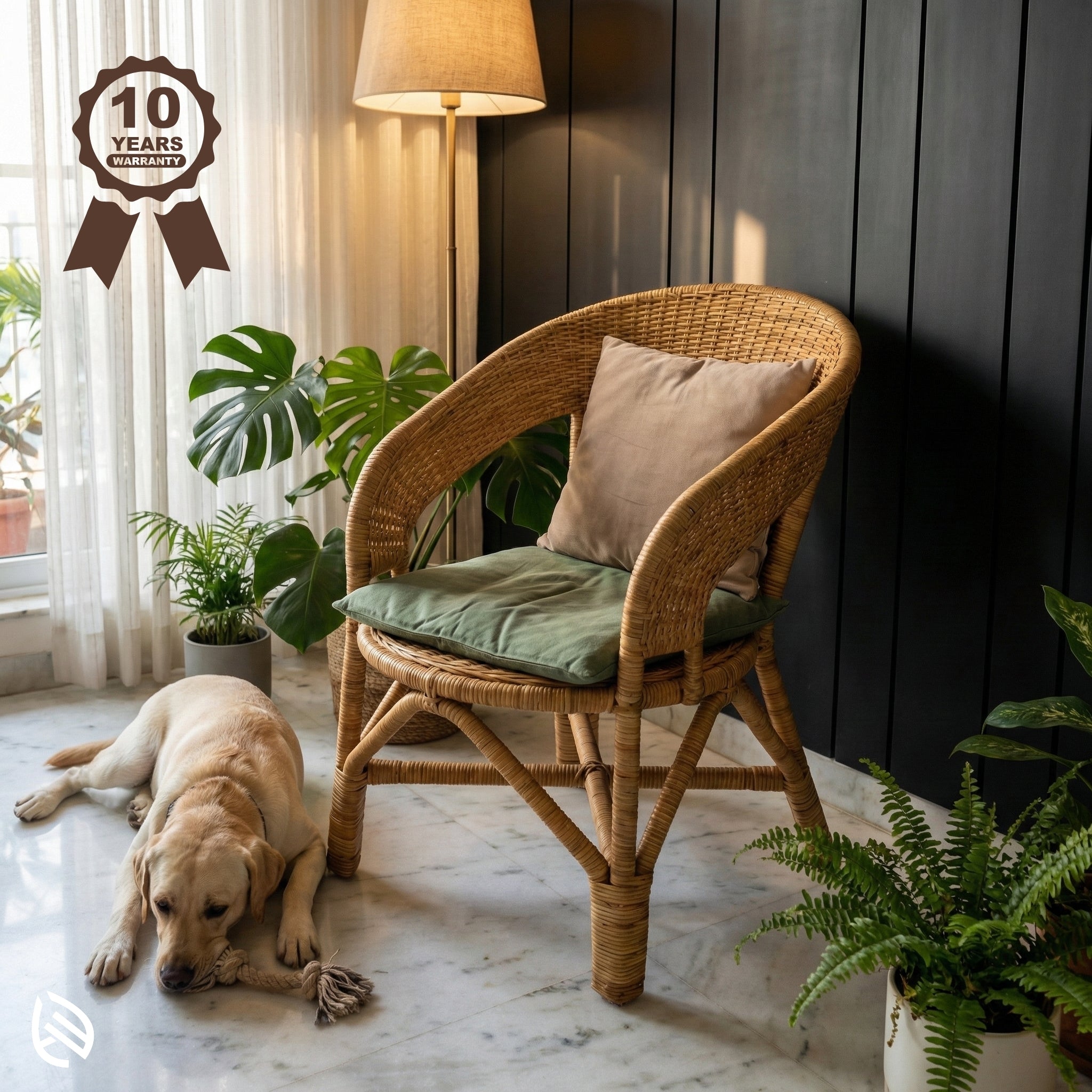 Wicker chair with a cushion and a dog lying on the floor in a room with plants and a lamp.
