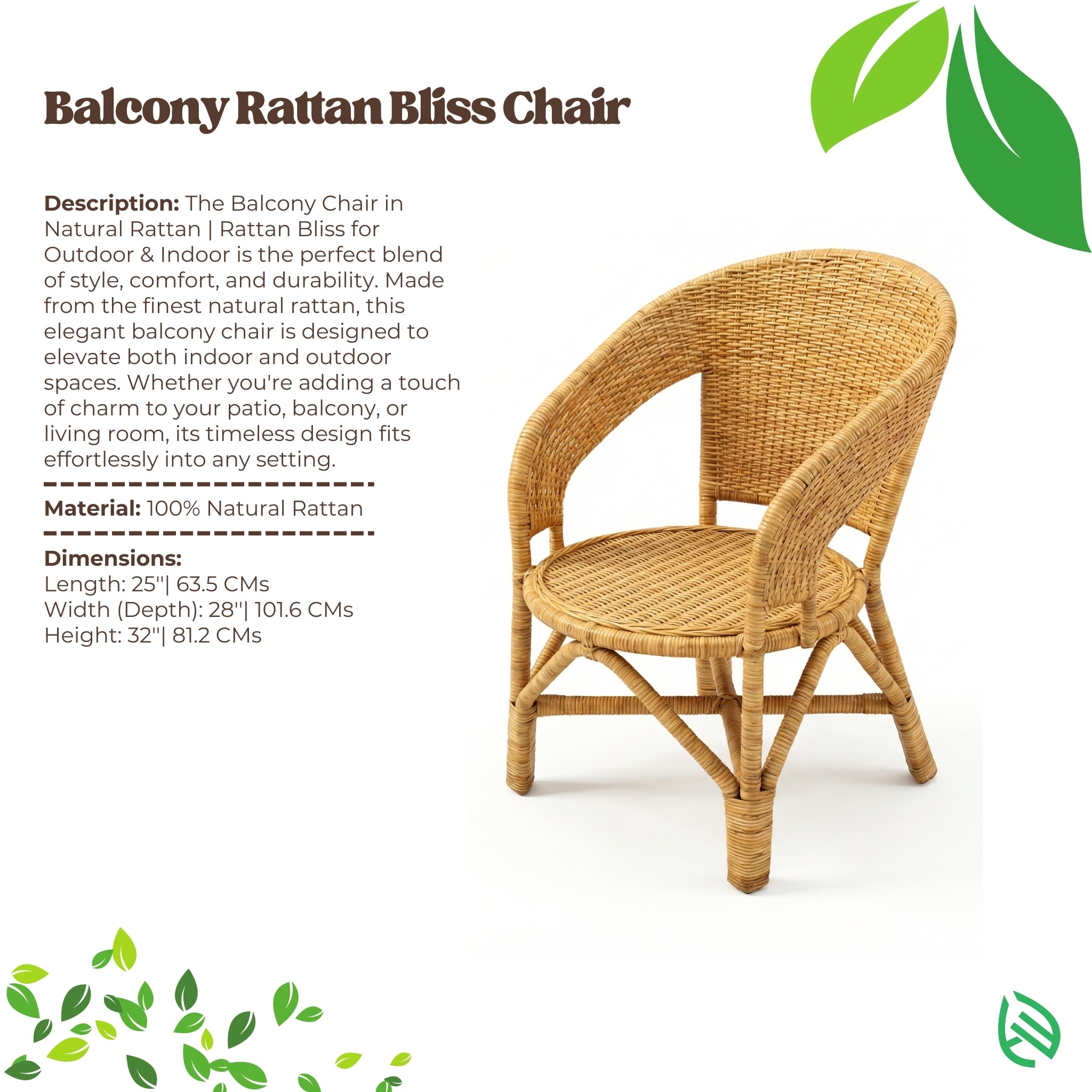 Balcony Rattan Bliss Chair with product description and green leaf graphics on a white background