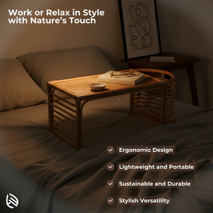 Feature graphic: Bed top bliss rattan lap desk - ergonomic, lightweight, sustainable natural rattan bed study table with cane surface.
