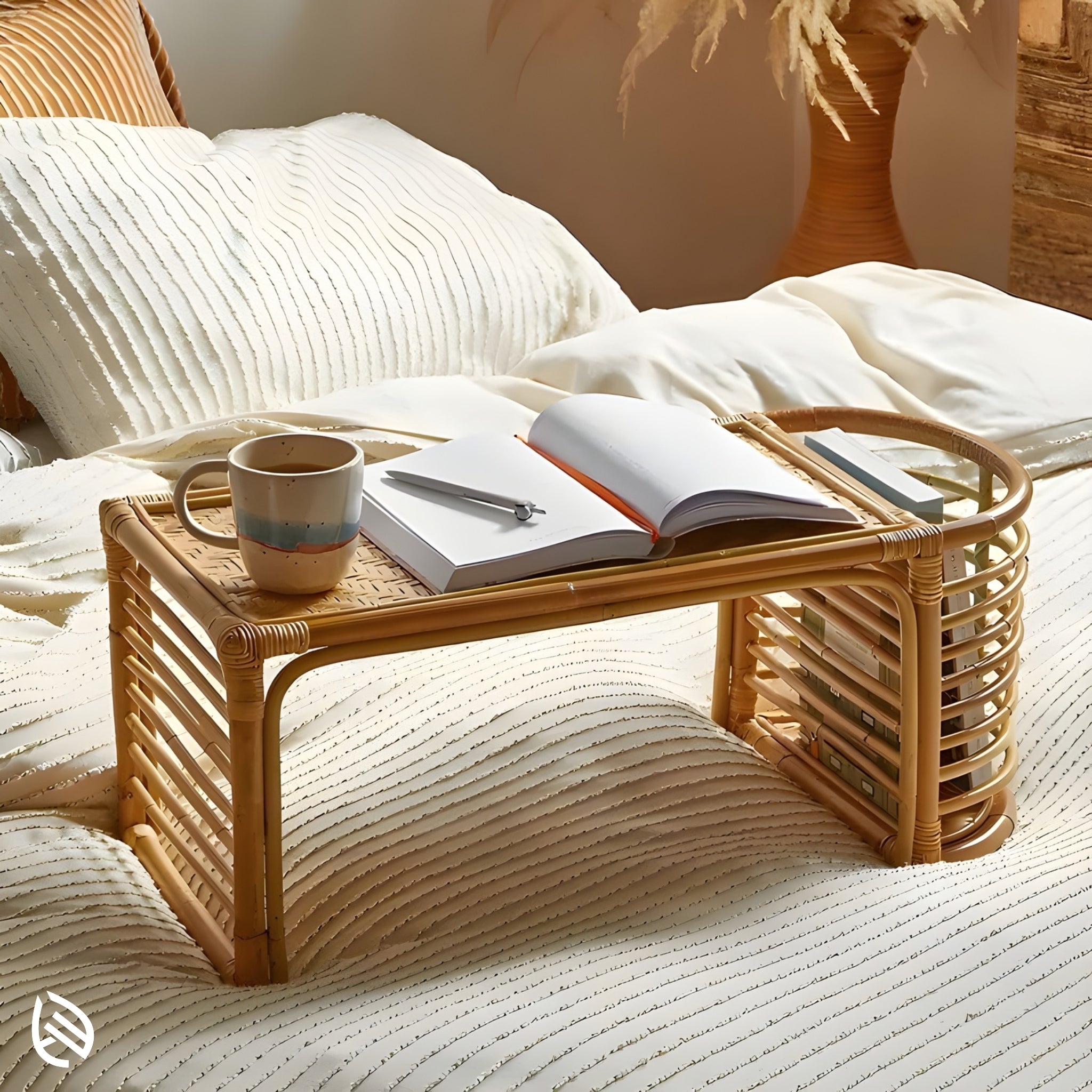 Natural rattan lap desk on bed with mug and open book - Bed top bliss rattan study table for reading and work at home.