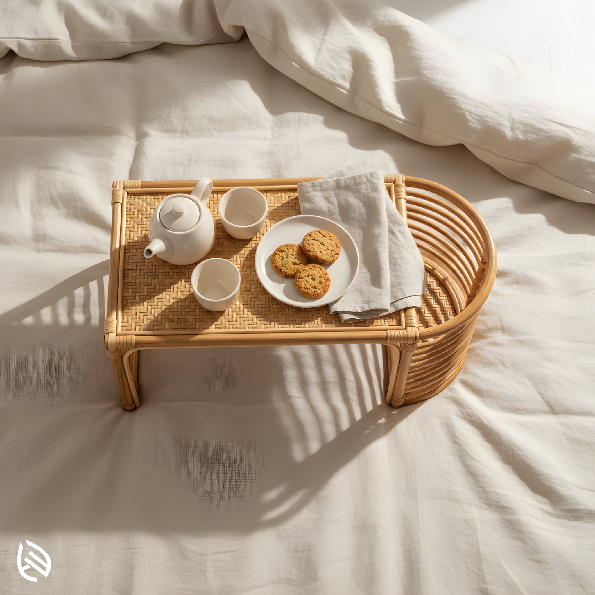 Overhead view of Bed top bliss rattan lap desk on bed with tea set and cookies - handwoven cane surface.
