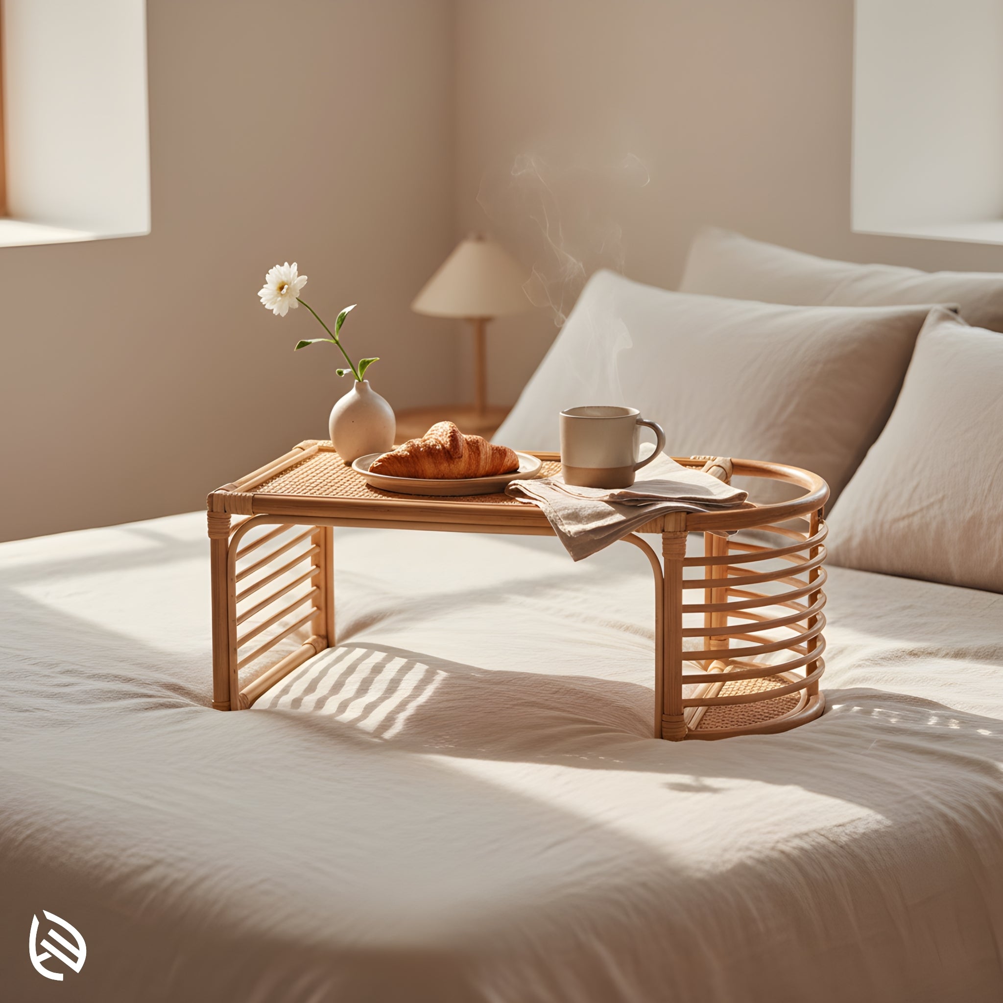 Cozy morning scene with Bed top bliss rattan lap desk - breakfast tray (croissant, coffee) on cane-top natural rattan table.