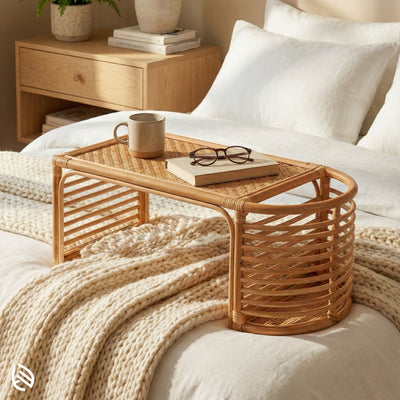 Wicker study table on a bed with a mug, book, and glasses