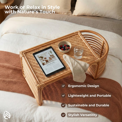 Wicker study table on a bed with tablet, bowl of berries, and glass, featuring text about product features.