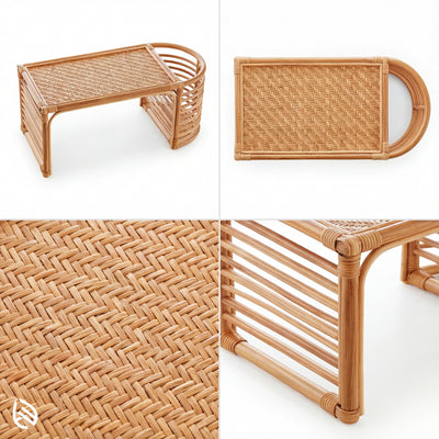 Wicker furniture set including a study table, top, and close-up of the woven pattern on a white background.