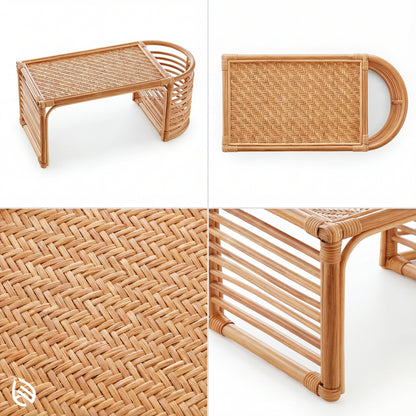 Wicker furniture set including a study table, top, and close-up of the woven pattern on a white background.