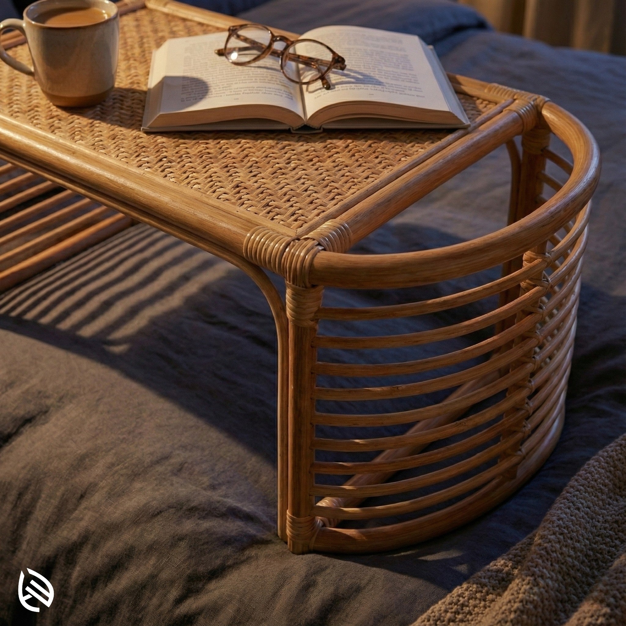Wicker coffee table with an open book, glasses, and a cup on a bed.