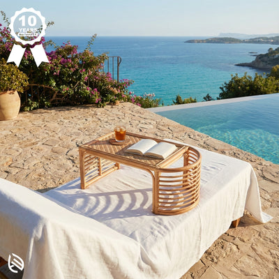 Relaxing scene with a book and drink on a table by a pool with ocean view
