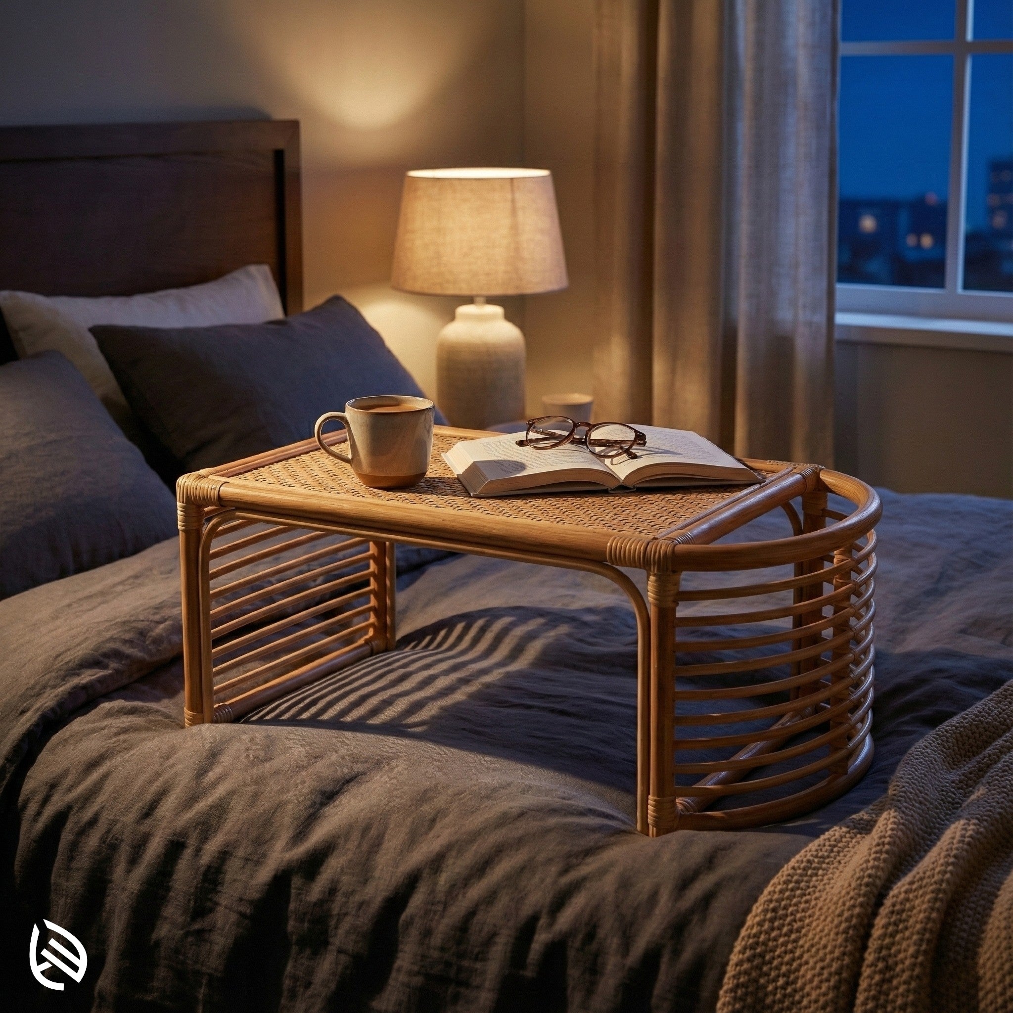 Rattan study table on a bed with a cup, book, and glasses in a cozy bedroom setting.