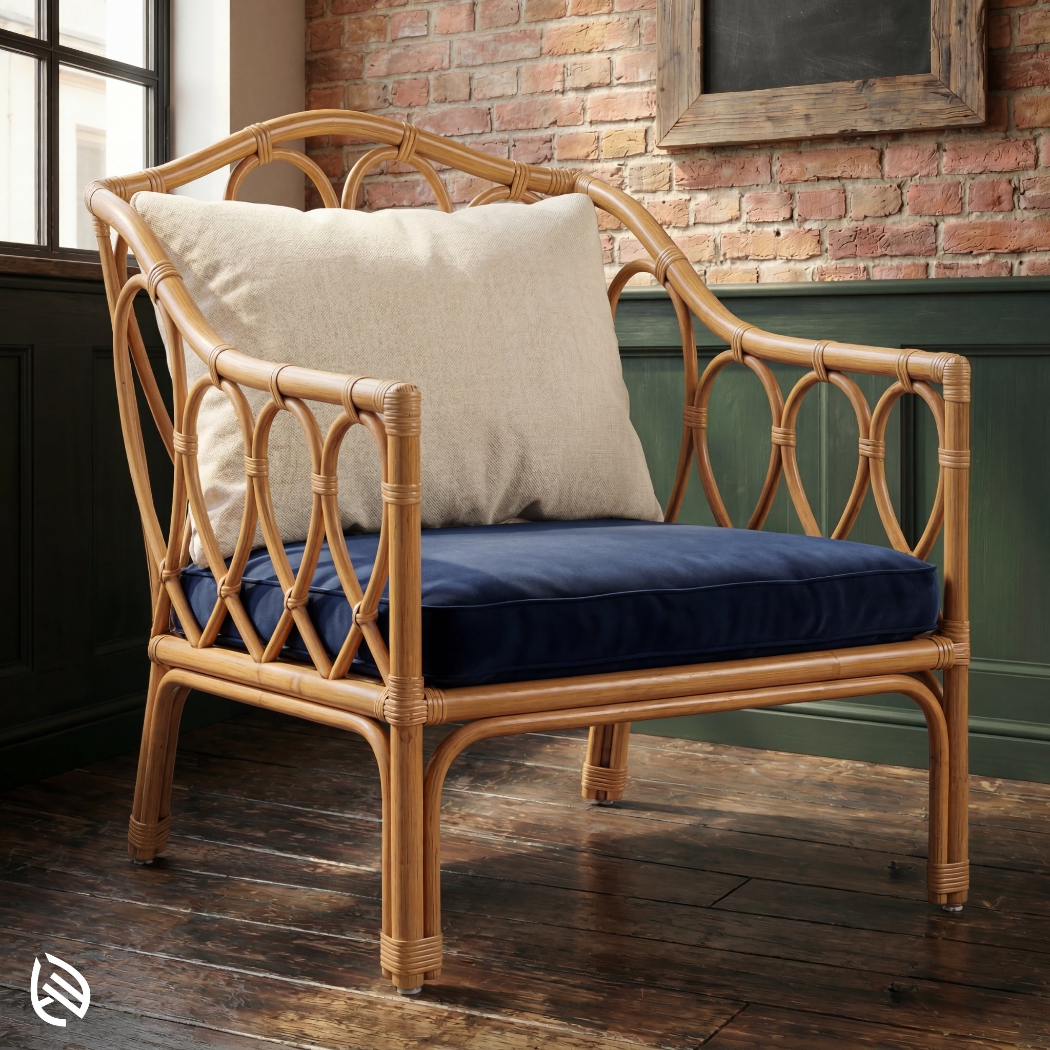 Wicker chair with navy cushion and white pillow against a brick wall.