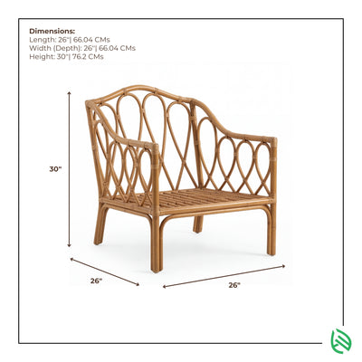 Wicker chair with dimensions labeled on a white background