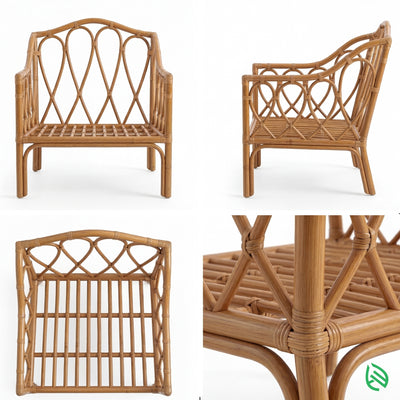 Wicker chair from multiple angles on a white background