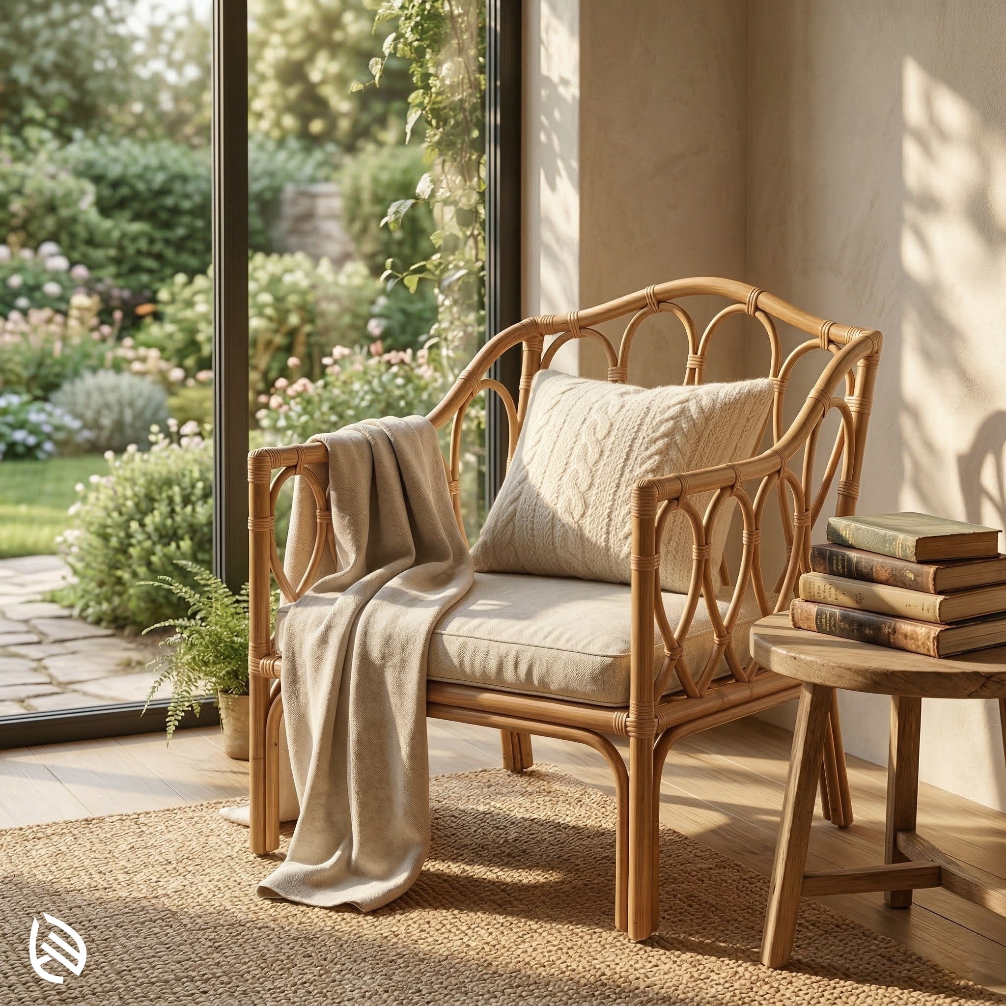Rattan chair with beige cushions and a blanket in a sunlit room with garden view