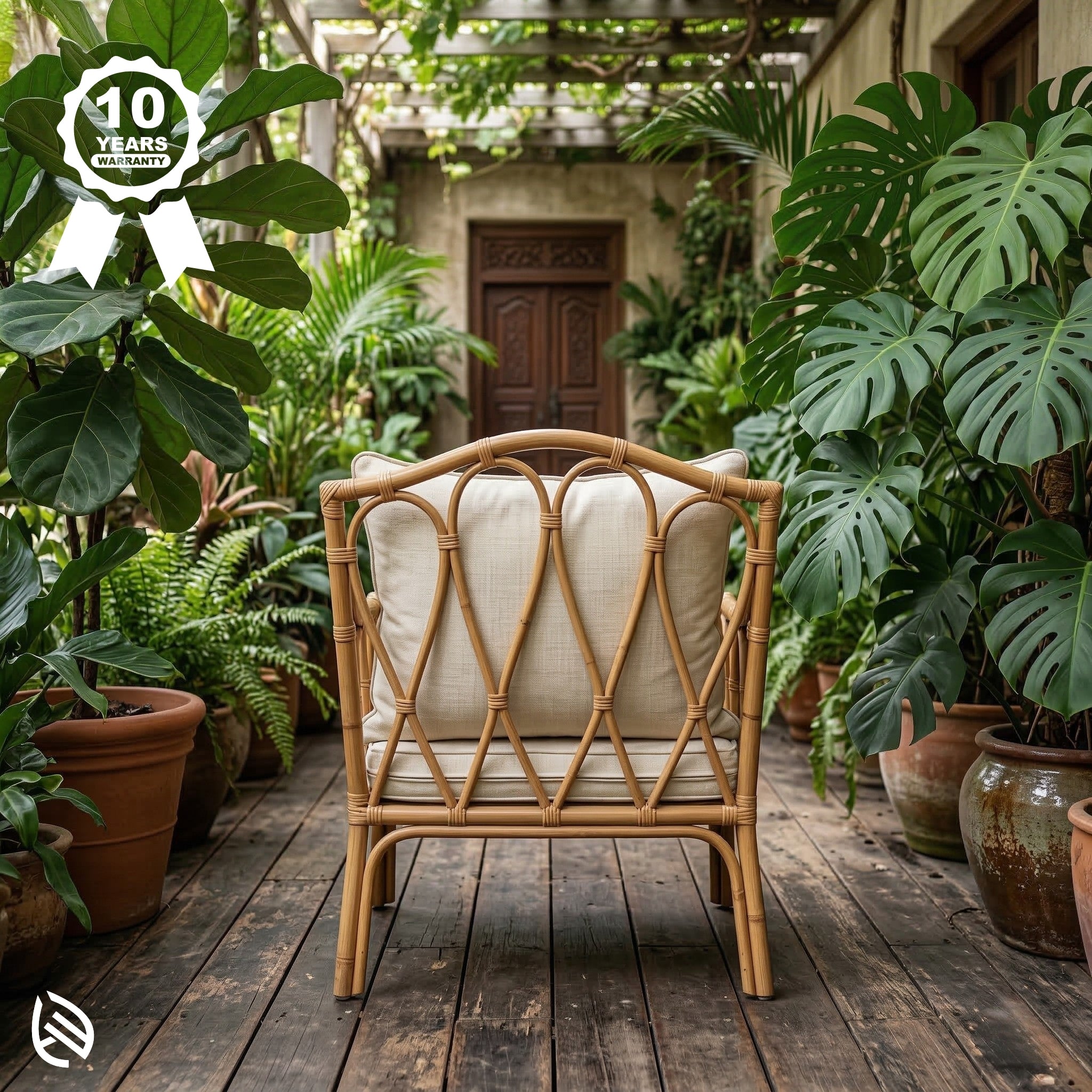 Wicker chair with white cushion on a wooden deck surrounded by lush green plants.