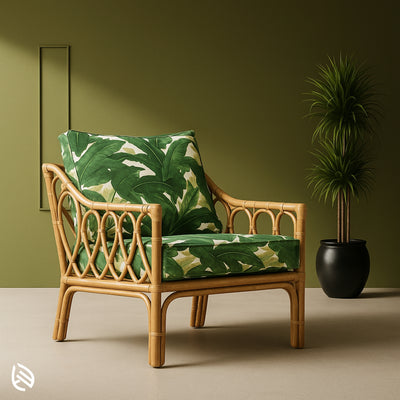 Bistro Brail rattan café chair with tropical print cushions in green room
