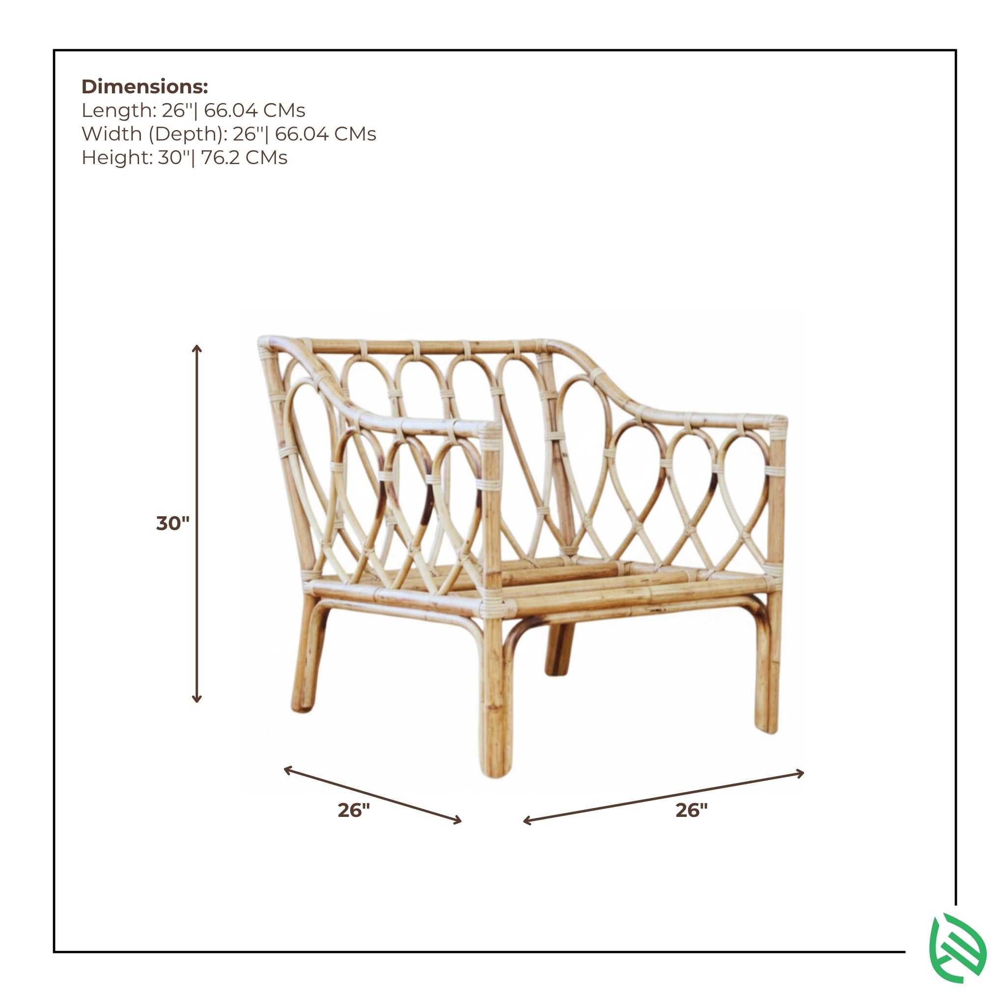 Dimensions graphic of Bistro Brail rattan chair 26x26x30 inches