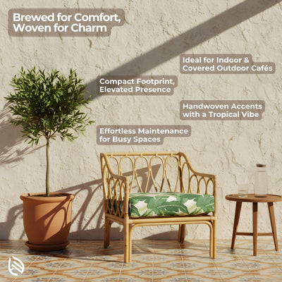 Feature graphic highlighting compact footprint and handwoven accents