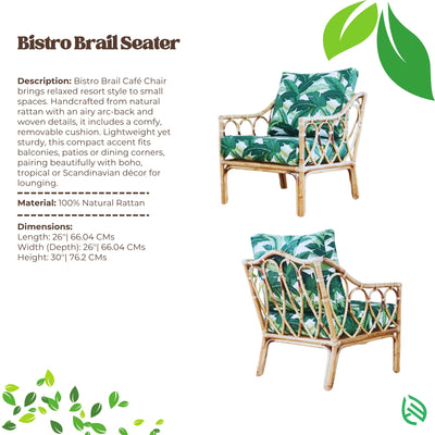 Bistro Brail Seater with tropical leaf pattern cushions on a white background