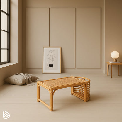 Compact rectangular rattan study table with slatted sides, ideal for floor seating and mindful reading corners