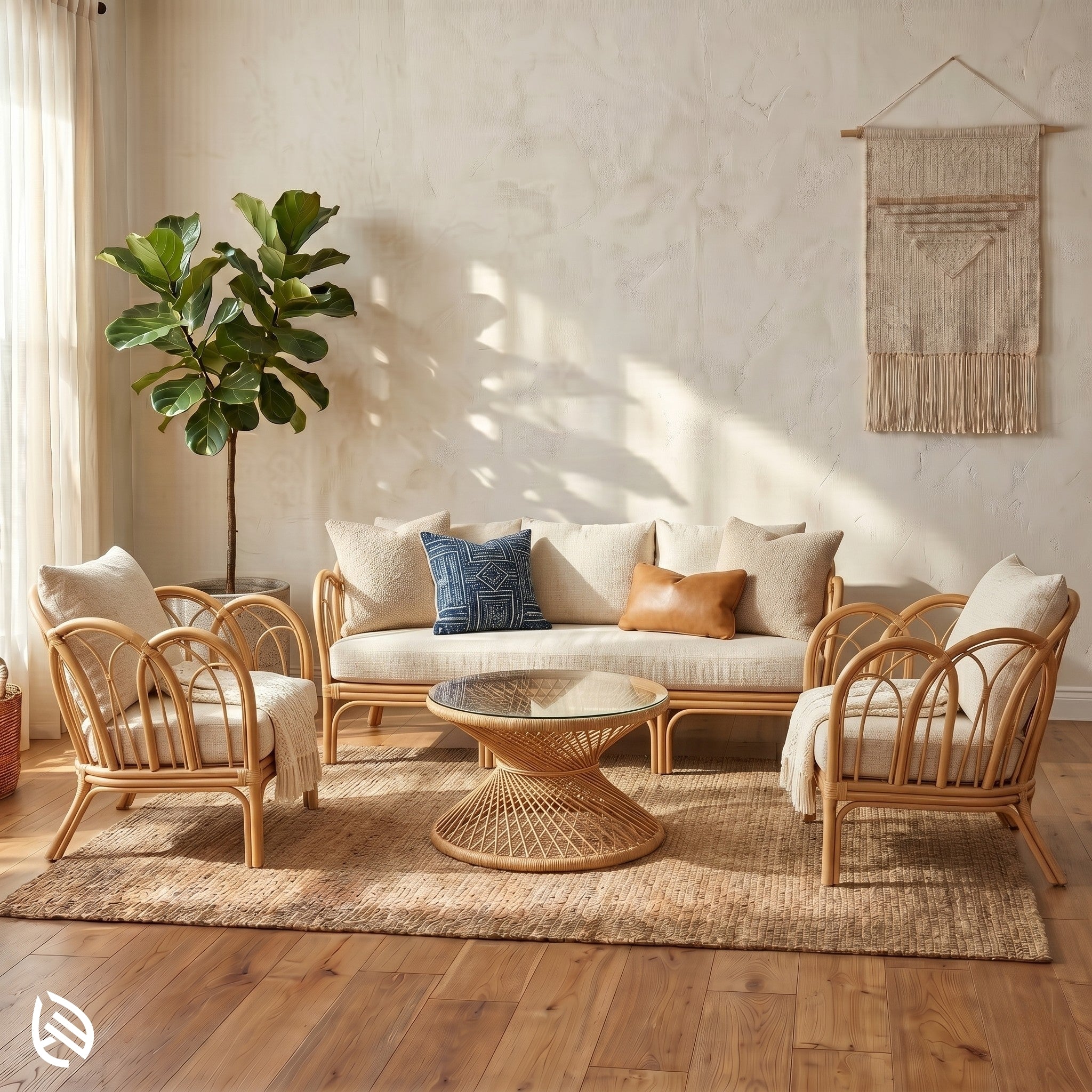 Natural rattan sofa set with cushions in modern boho living room setting