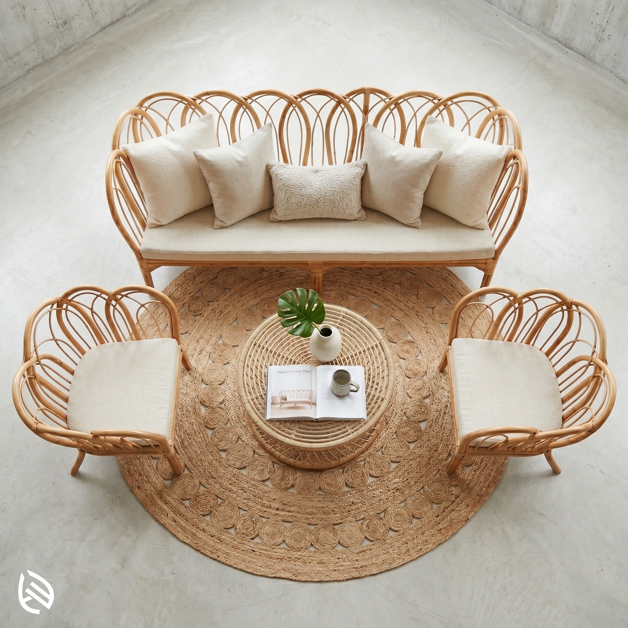 Top view rattan sofa set with woven coffee table and round rug