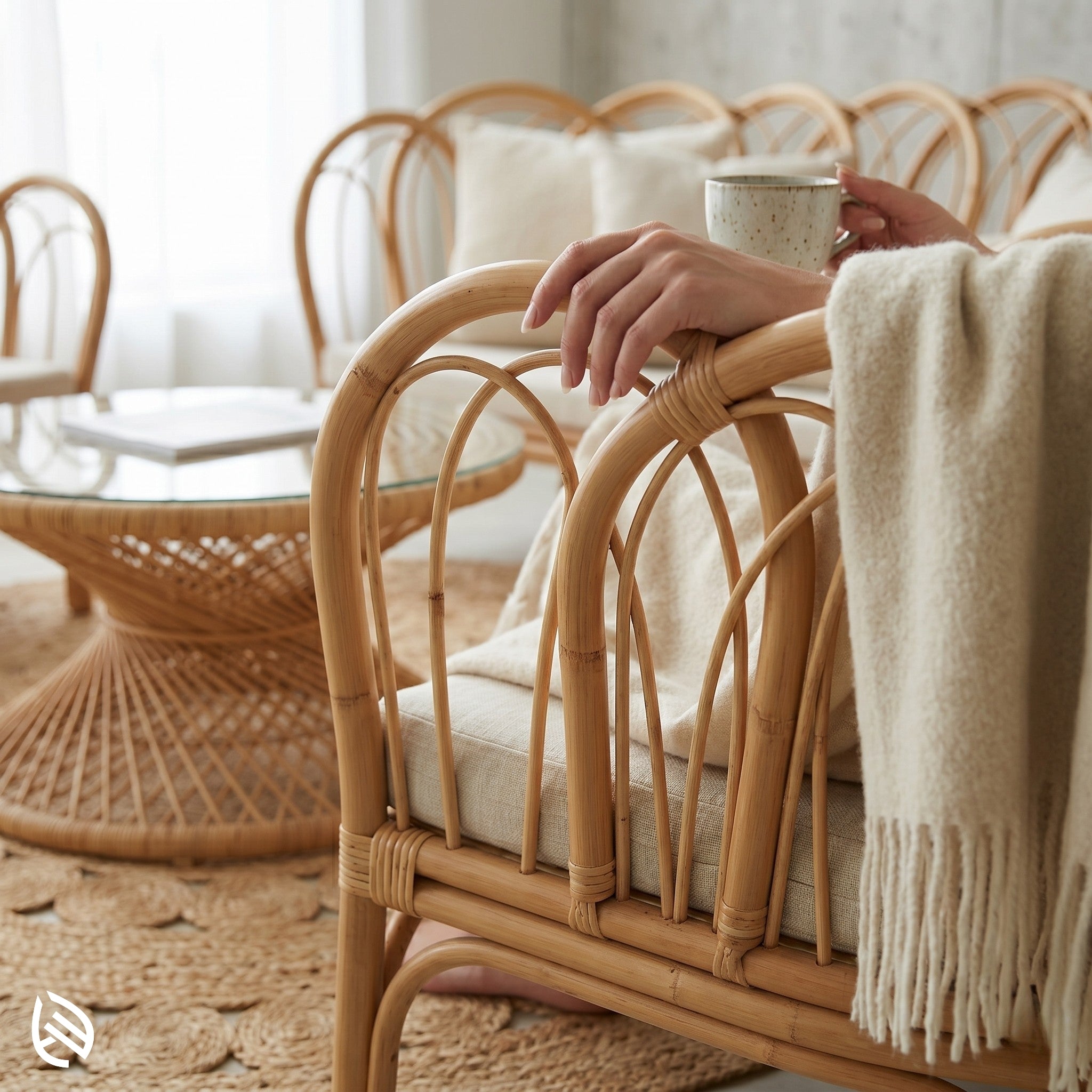 Close-up of handcrafted rattan chair armrest with cushion detail