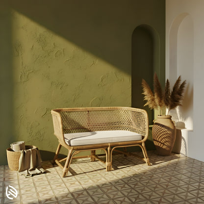 Boheme Weave rattan 2-seater on tiled patio, diamond cane weave, neutral cushion