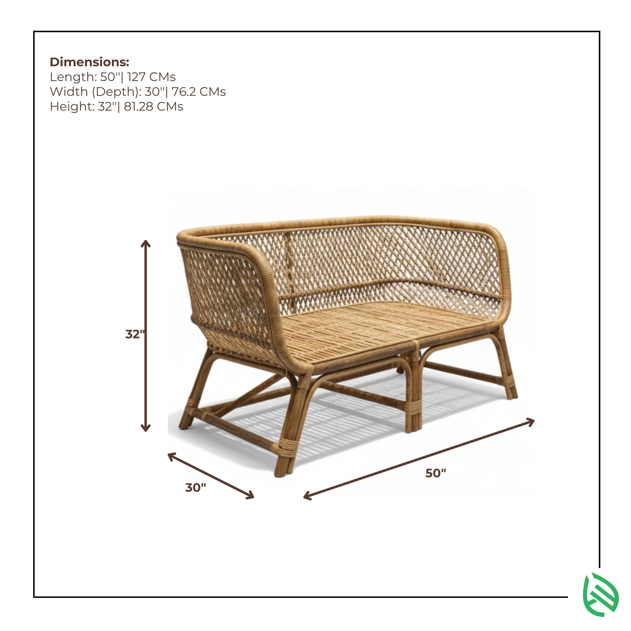 Dimension guide of Boheme Weave sofa 50 L x 30 D x 32 H, natural finish