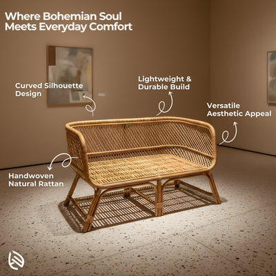 Graphic callouts: handwoven natural rattan, curved design, lightweight, versatile appeal