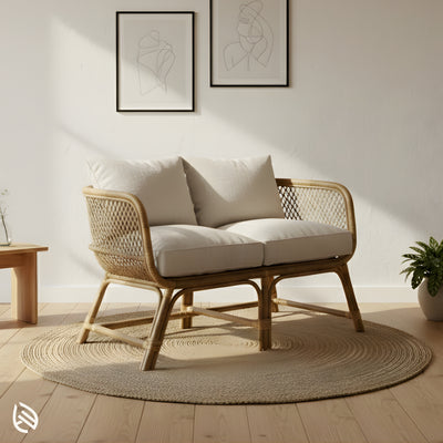 Close view showing curved silhouette with plush cushions on round jute rug