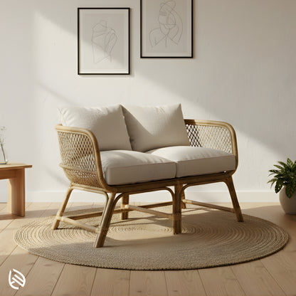 Close view showing curved silhouette with plush cushions on round jute rug